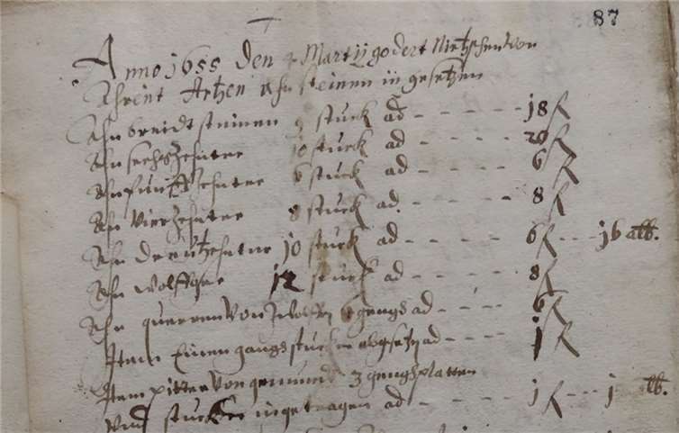 Auszug aus dem Krahnen-Register des Jahres 1655. In der linken Spalte ist das jeweilige Mühlsteinformat vermerkt, in der Mitte die Stückzahl, rechts das entrichtete Krangeld.