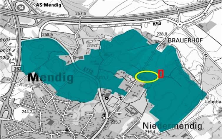 Auszug aus dem Landesinformationssystem der Naturschutzverwaltung des Landes RLP mit dem Fauna-Flora-Habitat-Gebiet und dem Vogelschutzgebiet im nördlichen Stadtrandbereich von Mendig. In Gelb markiert, die Veranstaltungsfläche der Nacht der Vulkane und in Rot markiert die Rodungsfläche (ca. 1000 m²).  Quelle: privat