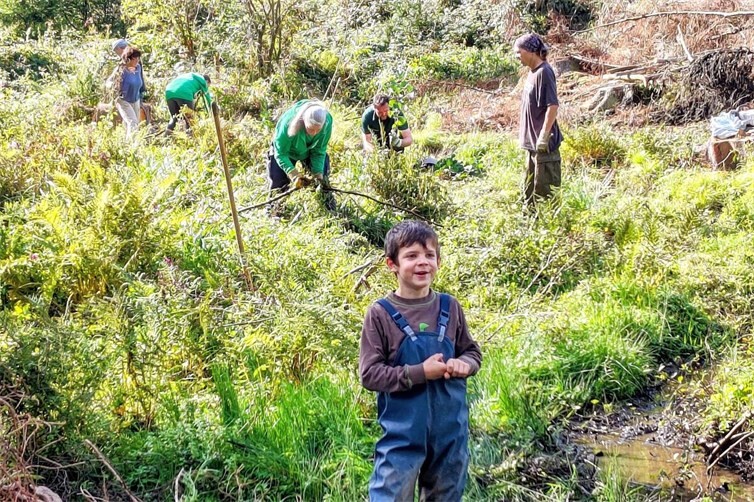 BUND und Forstamt beim Räumen und Pflanzen in der Bachaue