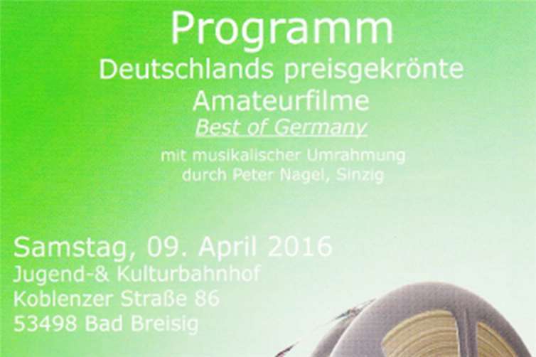 Bad Breisig. Der Film- und Fotoclub Ahrweiler e.V. zeigt zum fünften Mal in Bad Breisig unter dem Motto „Best of Germany“ ausgewählte Filme, die das höchste Niveau in den Amateurfilmwettbewerben in Deutschland erreicht haben. Gezeigt werden Filme jeglicher Couleur: Der Naturfilm „Geheimnisvolle Pegnitzauen“ von Georg Bock aus Lauf an der Pegnitz zeichnet sich durch intensive, ruhige Bilder von der Fauna an den Ufern der Pegnitz aus; mehrere Spielfilme verschiedener Autoren und natürlich ist auch ein Reisefilm mit dem Titel „Frühling im Fjordland“ von Gerhard Amm aus Nürnberg im Programm. Immer wieder beliebt sind die „Gespielten Witze“, die in einer Minute zum Kern kommen, der wirklich überrascht.Umrahmt wird die Veranstaltung von musikalischen Beiträgen von Peter Nagel aus Sinzig.