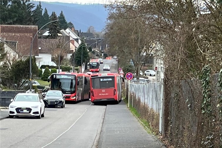 Begegnungsverkehr der Busse auf dem Oberheckerweg.Fotos: Bürgerinitiative „Zurück zur ursprünglichen Verkehrsführung“