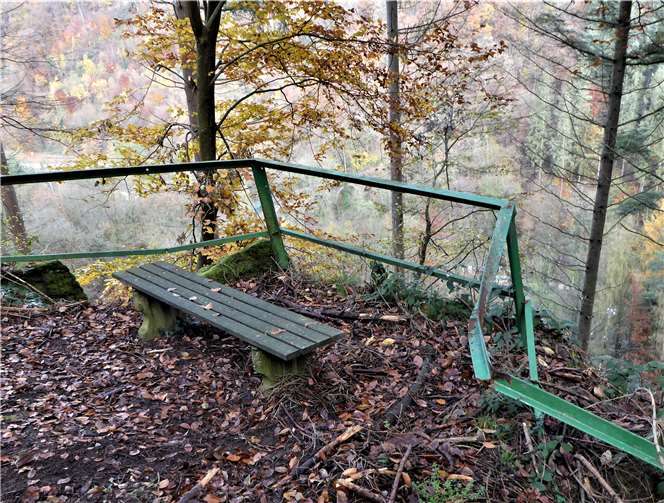 Bei Baumfällarbeiten im Frühjahr ist eine Fichte unbeabsichtigt in die falsche Richtung direkt auf das Geländer des Aussichtspunktes gefallen.