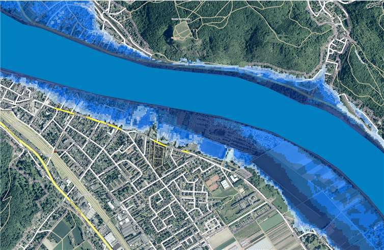 Bei dem Szenario „HQextrem“ erreicht der Rhein bei ChinaTown und der Grundschule die Alte Straße. WGR/www.hochwassermanagement.rlp.de
