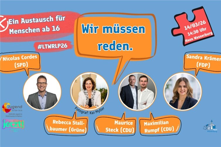 Bei der Abschlussdiskussion am 14. März 2026 von 14:30 bis 17:00 Uhr in Haus Wasserburg in Vallendar haben junge Menschen ab 16 Jahren die Chance, ihre Anliegen und Fragen direkt und auf Augenhöhe an Nicolas Cordes (SPD), Sandra Krämer (FDP), Rebecca Stallbaumer (Grüne) und Maximilian Rumpf, bzw. Maurice Steck (CDU) zu stellen. 