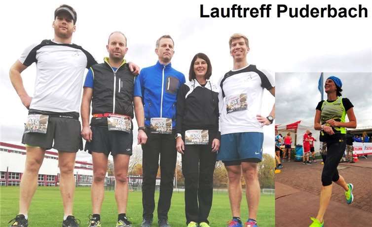 Bei der Auftaktveranstaltung der 8. Winterlaufserie in Leverkusen war auch der Lauftreff Puderbach präsent und erzielte gute Laufzeiten (v.l.).: Michael Hoben, Martin Radde, Martin Blum, Heike Blum, Jendrik Graß ganz rechts Zieleinlauf von Heike Blum (2. Platz W50). Dietrich Rockenfeller/Lauftreff Puderbach