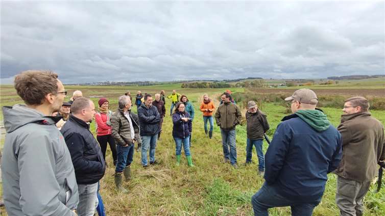 Bei der Exkursion am Nachmittag wurden die theoretischen Inhalte vom Vormittag praktisch erlebbar und förderten den angeregten Austausch. Nachvollziehbar und deutlich wurde das Spannungsfeld zwischen Landwirtschaft und Naturschutz im Gespräch vor Ort mit einem lokalen Landwirt.Fotos: Landesamt für Umwelt Rheinland-Pfalz