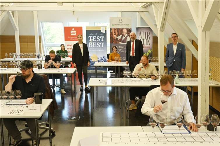 Bei der Jury-Verkostung: (v.l.) Carsten Henn, Lars Daniels, Katharina Röder, Carolin Groß vom Ahrwein e.V., Elena Hart-Skilling, KSK-Vorstandsmitglied Guido Mombauer, Lukas Sermann, Ulrich Hagenmeyer und Alexander Kohnen vom IWI. Foto: Hans-Jürgen Vollrath