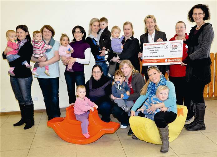Bei der Scheckübergabe im Kreise der Mütter und Kinder. Andrea Schlich (rechts) die Leiterin überreicht an Inka Orth (3. v.r.) Den Scheck über 150 Euro. BS