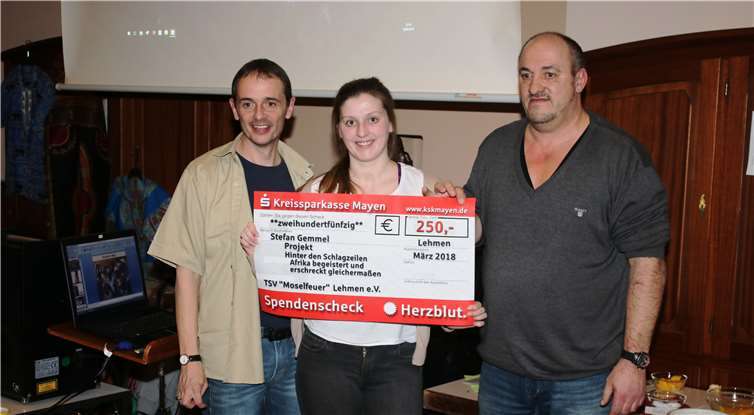 Bei der Spendenübergabe: Stefan Gemmel (v.li.n.re.), Weinkönigin Nina Ludwig mit dem Scheck und Lothar Ludwig, 1. Vorsitzender TSV. privat