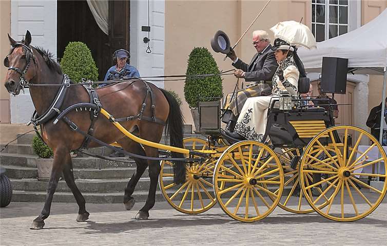 Bei der fünften Burgenfahrt mit Traditionsgespannen entlang der Wasserburgenroute präsentierten sich mehr als zwei Dutzend Gespanne auf Schloss Miel den staunenden Zuschauern. Jost