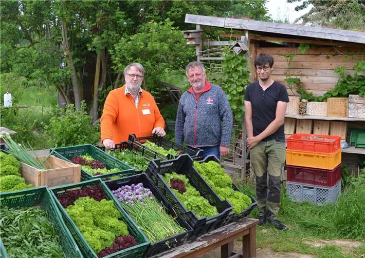 Beim Auftakt dabei war Tafelfahrer Kuno Herchenbach (links), als er zum ersten Mal das kleine Paradies über Nierendorf anfuhr. Dort überreichten ihm Mathias Heeb, Vorsitzender der Frankensiedlung (Mitte) und Alexander Haustein, hauptamtlicher Mitarbeiter der Frankensiedlung (rechts) mehrere Kisten mit Gemüse und Salaten. Foto: privat