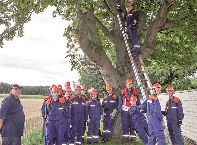 Beim Berufsfeuerwehrtag der Rheinbacher Freiwilligen Feuerwehr übten die Nachwuchs-Feuerwehrleute unter anderem, eine Stoffkatze aus einem Baum zu retten. JOST