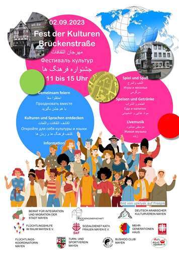 Beim Fest der Kulturen in der Brückenstraße gibt es ein buntes Programm. Grafik: Gerd Kohlhaas/ Netzwerk Flüchtlingshilfe