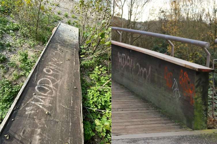 Teil des Sinziger Spessart-Steges legt über 130 Kilometer zurück Beim „RhineCleanUp“ hat Stefanie Eickmeier ein Teil des Spessart-Stegs aus Sinzig gefunden. Den Fund hat diese mit ihrer Kamera festgehalten (links). Im Bild rechts ist der Teil der Brücke vor der Flut zu sehen. Fotos: Stefanie Eickmeier / Archiv privat