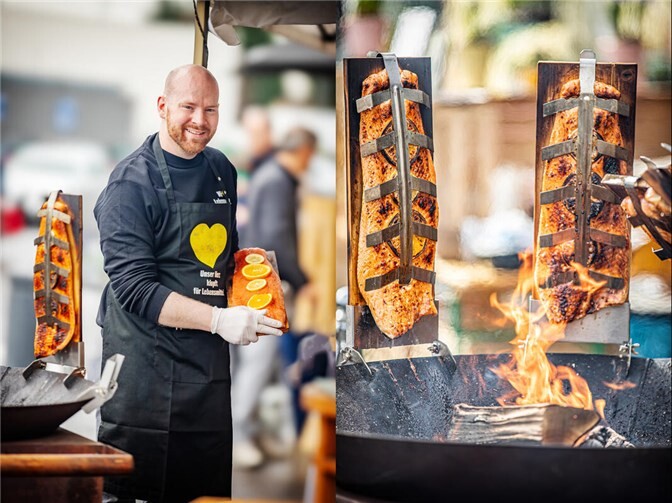 Beim ersten Weihnachtsmarkt am E-Center Kreuzberg wird u.a. köstlicher Flammlachs angeboten. Fotos: Edeka Kreuzberg