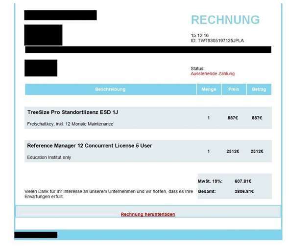 Beispiel einer gefälschten Rechnung. LKA