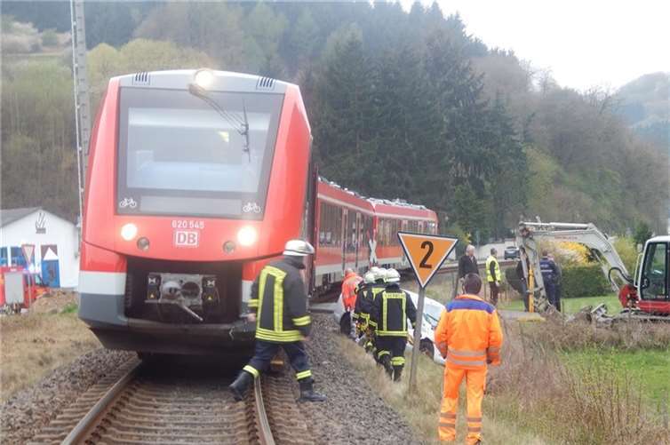 Auto von Zug erfasst: Fahrer und Beifahrer kommen mit Schrecken davon 