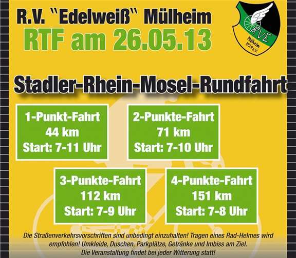 Der RVE Mülheim lädt ein zur Stadler Rhein-Mosel Radtouristikfahrt