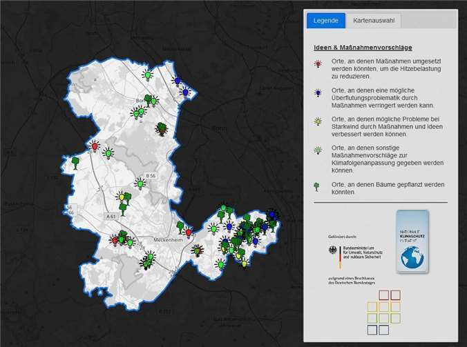 Bislang wurden über 100 Ideen und Anregungen über die KlimaMap unter http://www.rhein-voreifel.klimamap.de gesammelt. Quelle: Gemeinde Swisttal