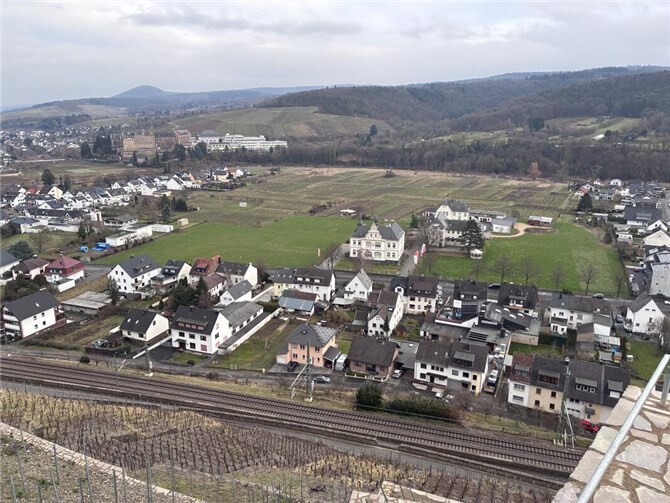 Blick vom Winzerweg: Auf der Fläche links neben der alten Weinbauschule soll nach Wunsch des Eigentümers Medentis Medical eine Photovoltaik-Freiflächenanlage entstehen.  Foto: GS