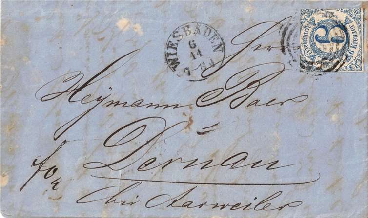 Frankiert mit 6 Kreuzer Freimarke von Thurn und Taxis Brief an Heimann Baer jüdischer Kaufmann Dernau Ahrweiler. Quelle: Matthias Bertram
