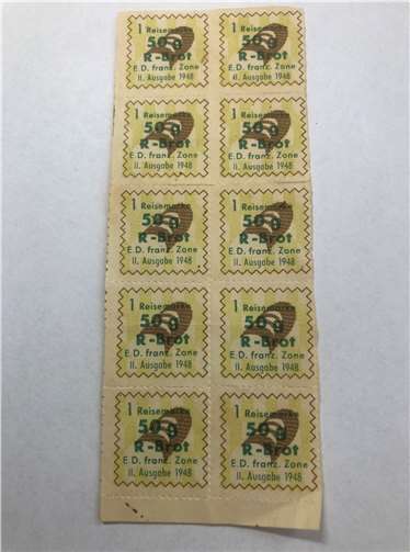 Brotmarken über 50 g Reiseverpflegung in der franz. Zone, Ausgabe 1948. Foto: privat