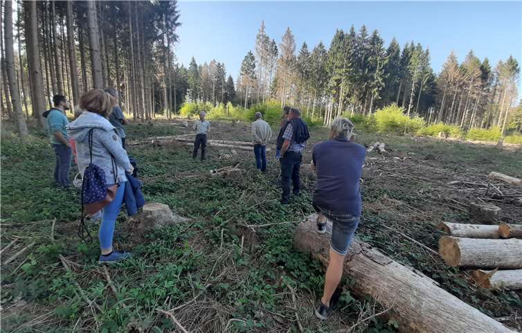 Bürgerinnen und Bürger, aus Steinen trafen sich, um mit dem Revierförster Christof Dickopf,den Zustand des Waldes zu besichtigen.Foto: Ortsgemeinde Steinen
