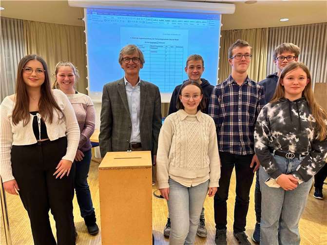 Bürgermeister Hans-Günter Fischer (für das Foto ohne Maske) und die Jugendvertreter nach der Wahl.  Foto: Thomas Schwarz/VG