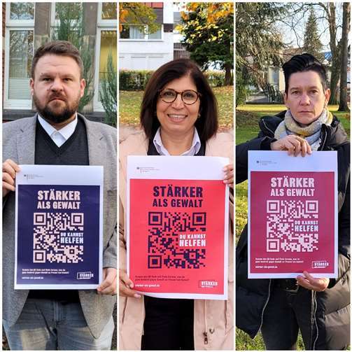 Bürgermeister Mohr, Beigeordnete Zeynep Begen und die Vorsitzende des Personalrates der Stadtverwaltung Bendorf, Ines Lindemann-Günther, unterstützen die Initiative „Stärker als Gewalt“. Foto: Stadt Bendorf