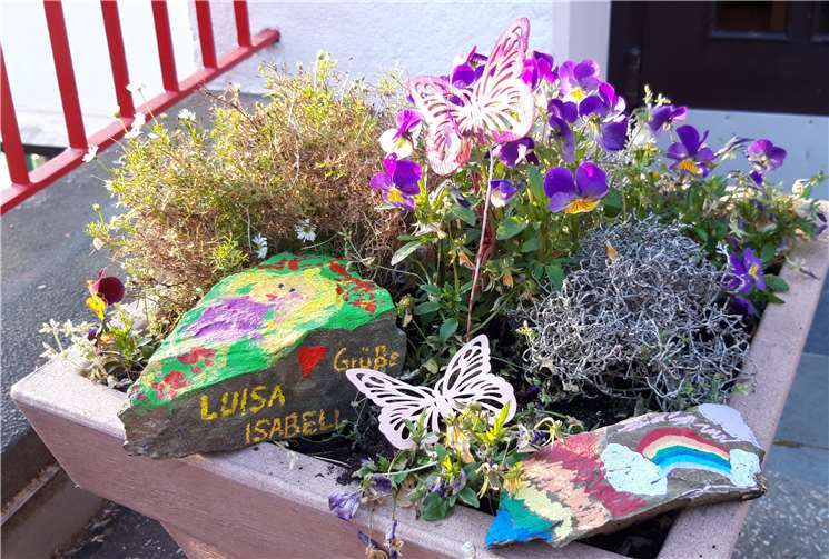 Bunte Blumengrüße im Pflanzkübel.