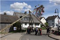 Bunter Maibaum grüßt von der Vinxtbachhalle in Waldorf.