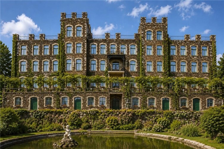 Burg Steineck als Mehrgenerationenwohnprojekt mit harmonischen Anbauten und grünem Garten.
