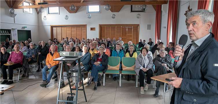 Christian Klems (rechts) von der Dorv-Zentrum GmbH machte vor gut 50 Zuhörern im Pfarrsaal der katholischen Kirchengemeinde klar: „Ein multifunktionales Nahversorgungszentrum im Ortskern ist möglich.“ Foto: -Jost-