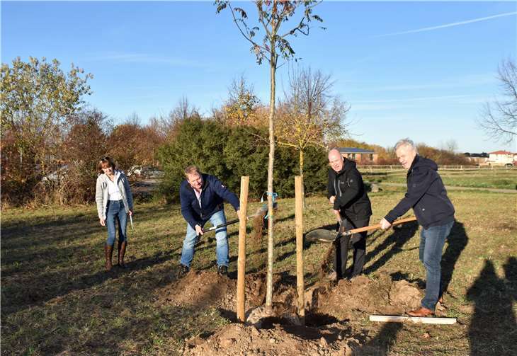 Christof Dirksen , Joachim Schneider und Stefan Raetz greifen beherzt zur Schaufel und werden von Karin Schulze unterstützt.Foto: Eich