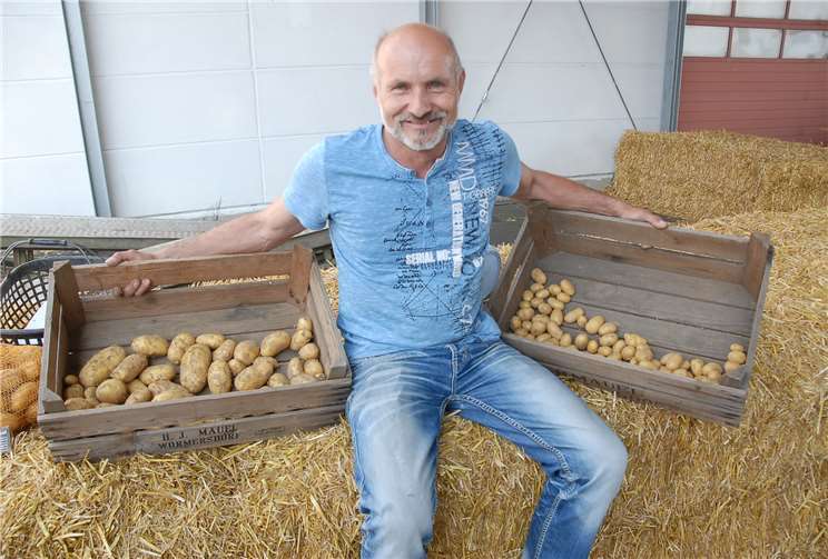 Christoph Kaul aus Dernbach bietet Natur-Kartoffeln an.Seine frühe Ernte ging weg wie warme Semmeln.