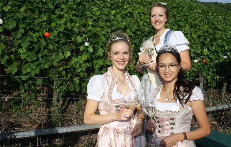 Cochems Weinkönigin Lisa und Weinprinzessin Bichieröffneten zusammen mit Weinbergpfirsich-Fee Annabelldas beliebte Cochemer Weinlagenfest im Conder Rosenberg. Fotos: TE