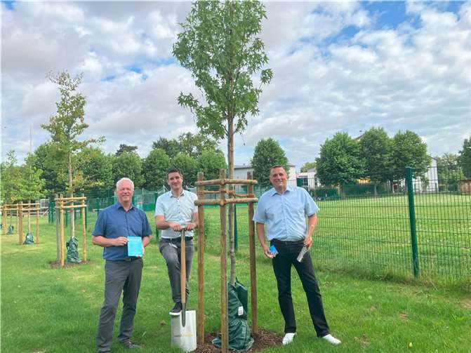 Cornel Schlüter, Wirtschaftsförderer der Wirtschaftsinitiative Pellenz, Fabian Vocktmann, Regionalmanager von Westenergie, und Peter Wilkes, Ortbürgermeister von Plaidt, beim symbolischen Spatenstich zur Baumpflanzaktion in Plaidt.  Foto: Westenergie AG/Ronja Retz
