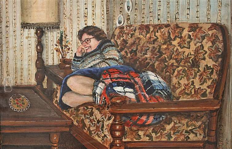 Cornelia Harss malte “Frau Baumann“ in Öl auf Leinwand, wie sie es sich in ihrem Wohnzimmer gemütlich macht. -HG-