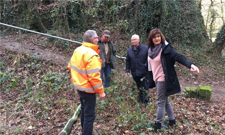 Da kommt sie hin: Naturpark-Geschäftsführerin Irmgard Schröer, Stadtbürgermeister Gerhard Hausen, Landschaftsbauer Oliver Labonde und Rolf Hilger vom Fachbereich Infrastruktur der Verbandsgemeindeverwaltung am Eingang des Hähnerbachtals. Foto: Thomas Herschbach
