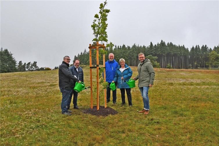 Dankbar über das Geschenk zu seinem Abschied zeigte sich Altlandrat Dr. Alexander Saftig (großes Foto, links) bei der Pflanzung einer Stiel-Eiche in der Wacholderheide. Gemeinsam mit ihm freuten sich (von rechts) Landrat Marko Boos, Dagmar Menges, Leiterin der Abteilung Umwelt, Klima und Bauen, Albrecht Diefenbach von der Firma Mallmann Floristik aus Mendig sowie der Erste Kreisbeigeordnete Pascal Badziong.  Foto: Kreisverwaltung MYK/Wiebke Schaaf