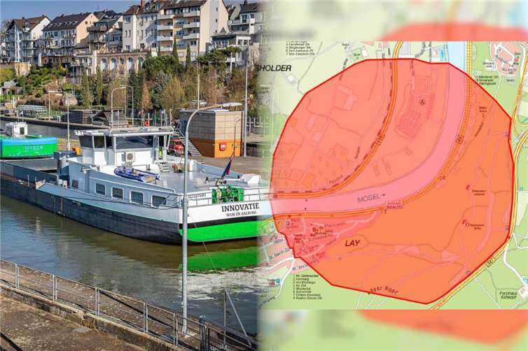 Das Baggerschiff (li.) mit dem Bombenfund liegt in der Moselschleuse Koblenz. Dort soll auch die Entschärfung der Bombe am Freitag, 4. April erfolgen. Foto (links): Stadt Koblenz / Andreas Egenolf / Grafik (rechts): Stadt Koblenz