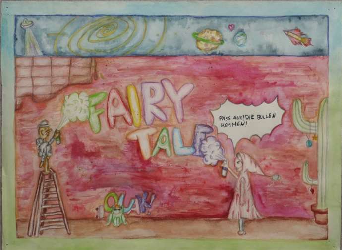 Das Bild des Monats hat Sina Möller (7a) mit Aquarellfarben und Buntstiften gemalt. Es zeigt eine Begegnung einer zeitgenössischen Figur mit Märchenfiguren. Sina hat damit einen ersten Landespreis im Europäischen Wettbewerb 2020 erzielt. Das Bild ist im Kunstunterricht von Frau Zeis entstanden. Foto: privat