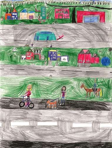 Das Bild von Kim zeigt die Alternativen im Straßenverkehr auf, die wir viel häufiger nutzen sollen. So sollte man viel öfter das Auto einfach stehen lassen und zu Fuß gehen.