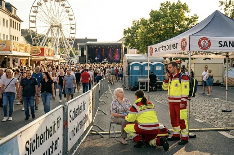 Das Bild zeigt eine belebte Kirmes oder ein Stadtfest mit einem Riesenrad, Ständen und einer Konzertbühne im Hintergrund. Im Vordergrund kümmern sich Einsatzkräfte eines Sanitätsdienstes an einem Zelt um eine ältere Frau, die auf einem Stuhl sitzt.