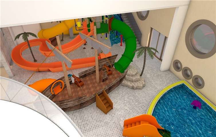 Das Bild zeigt eine erste Animation des neuen Kinderbereichs mit den Spielgeräten. Die endgültigen Farben der Spielgeräte und die Gestaltung als Insel- und Dschungelwelt werden noch festgelegt.  Quelle: Architekturbüro Geil