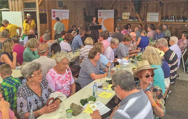 Das Davidek-Poyner Duo beim Schlusskonzert der Veranstaltung. Die Weinschwestern und Weinbrüder sorgen währenddessen für den Service. privat