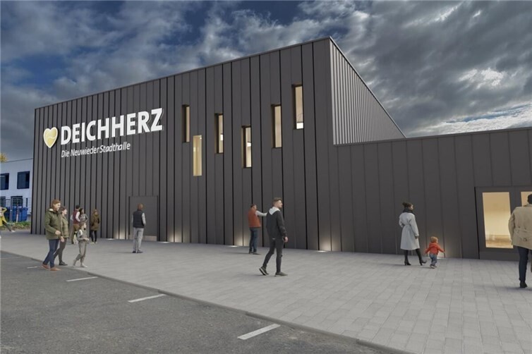 Das „Deichherz“ wird Neuwieds neue Eventhalle. Die ersten Bauteile stehen bereits; Nun ist auch die spätere Optik bekannt. Das goldene Herz der SWN-Ehrenamtskampagne „Herzenssache“ wird die Halle zieren.Foto: SWN/Markenliebe