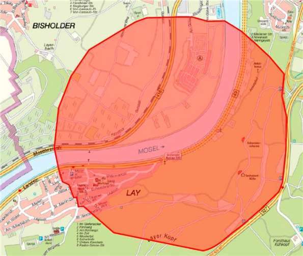 Das Evakuierungsgebiet zur Bombenentschärfung am Freitag, 4. April. Quelle: Stadt Koblenz
