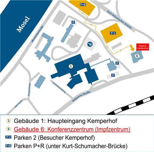 Das Impfzentrum liegt außerhalb des Krankenhauses in Gebäude 6 (Koblenzer Straße 161a). Quelle: Gemeinschaftsklinikum Mittelrhein