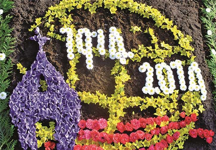 Das Jubiläumssignet als Blumenteppich gelegt.